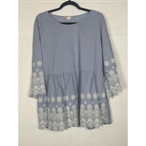 Sweet Magnolia Blue Cotton Tunic Top XL Floral Eyelet Lace Hem‎ Boho Peasant